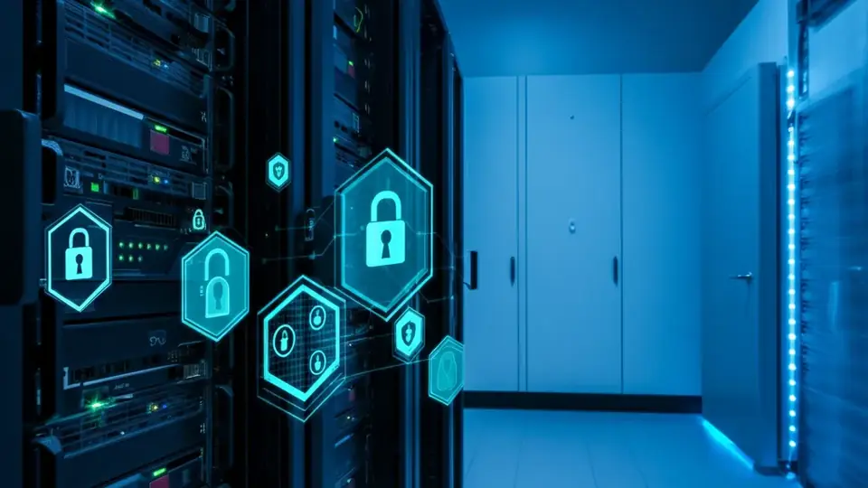 Server racks with glowing padlock icons representing cybersecurity protection